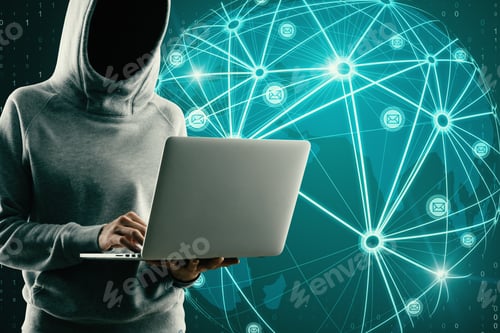 Preview: Hacker Using Laptop With Glowing Map Interface And Connections On Blue Background. Communication