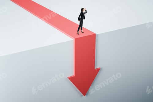 Preview: Attractive Young European Businesswoman Standing On Abstract Red Arrow Falling Down Cliff. Crisis