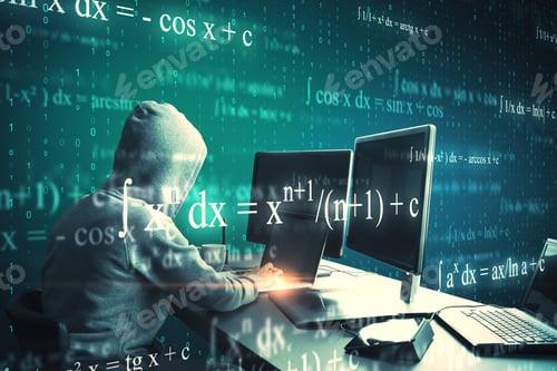 Preview: Hacker Using Laptop With Abstract Mathematical Formulas. Computing, Programming And Complex