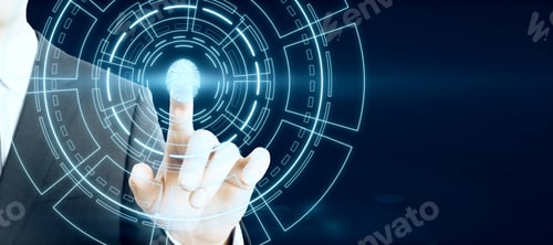 Preview: Hand Pointing At Creative Glowing Fingerprint Id Interface On Dark Background