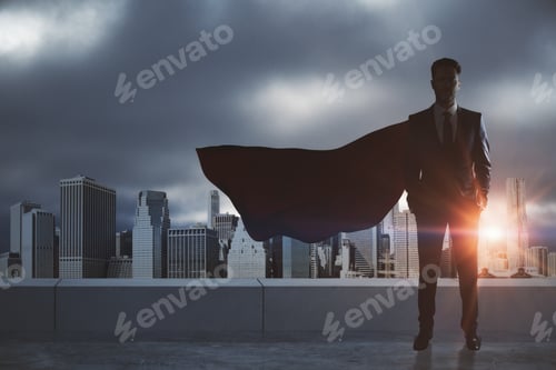 Preview: Businessman With Red Hero Cape Standing On Rooftop With City Background. Leadership And Success