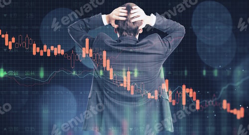 Preview: Back View Of Stressed Young Businessman On Blurry Bokeh Forex Chart Background. Currency Exchange