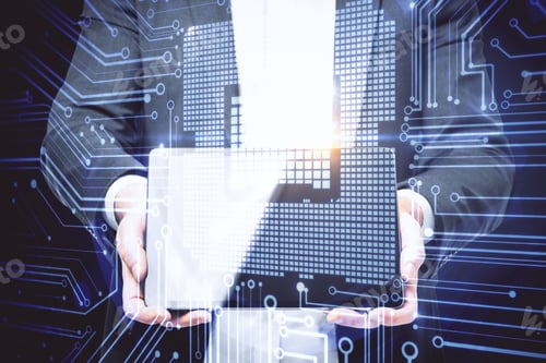 Preview: Businessman Using Tablet With Circuit Hologram. Technology And Computing Concept. Double Exposure