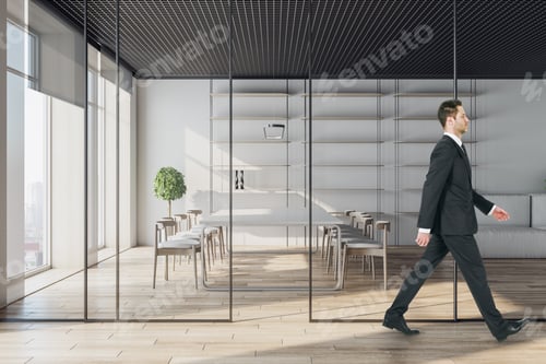 Preview: Businessman Walking In Modern Conference Room Interior With Window And City View, Glass Partition