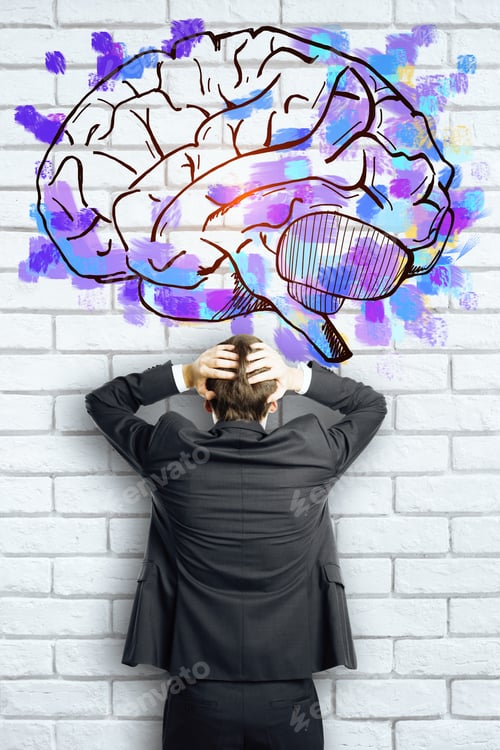 Preview: Back View Of Stressed Businessman On Brick Background With Brain Sketch. Brainstorm Concept