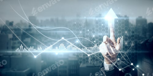 Preview: Close Up Of Man Hand Pointing At Creative Glowing Arrow With Business Chart On Blurry City