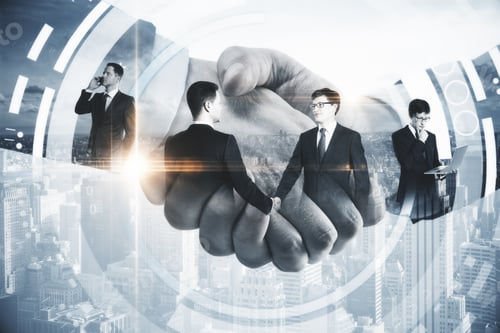 Preview: Close Up Of Handshake On City Background With Digital Pattern. Business Technologies Concept