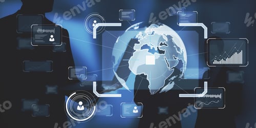 Preview: Businesspeople Working Together With Abstract Digital Business Interface On Dark Blue Background