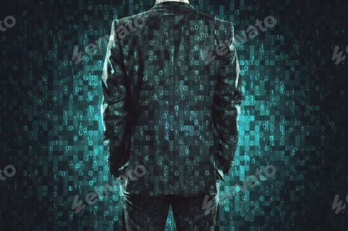 Preview: Pixel Businessman Background. Programming And Robotics Concept. Double Exposure