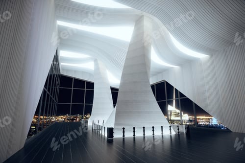 Preview: Empty Abstract Futuristic Hall Interior With Wooden Floor And Big Windows With Night City View, 3D