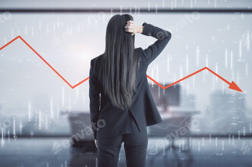 Preview: Back View Of Young Businesswoman On Blurry Office Interior Background With Economic Decline