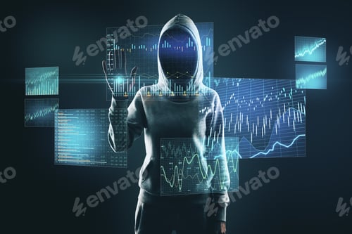 Preview: Hacker Using On Glowing Stock Chart On Dark Background. Trade And Malware Concept
