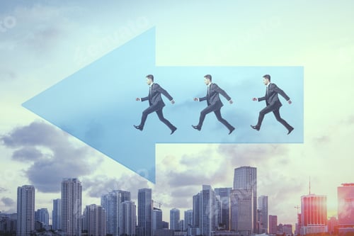 Preview: Side View Of Young Businessmen Running On Blue Arrow On City Background With Sunlight. Growth And