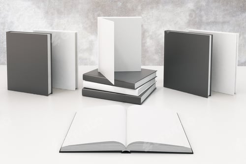 Preview: Study Concept With Opened Book With Blank White Pages And Other Books On White Table, Mock Up, 3D