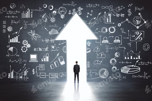 Preview: Right Solution Concept With Businessman Standing In Arrow Exit And Business Idea Sketch On Dark Wall