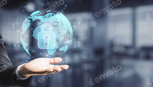Preview: Close Up Of Hand Holding Abstract Glowing Globe Hologram With Security Padlock Icon On Blurry