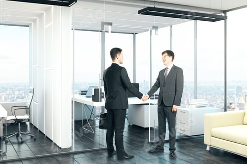 Preview: Two Handsome Attractive European Businessmen Shaking Hands In Modern Office Interior With Panoramic