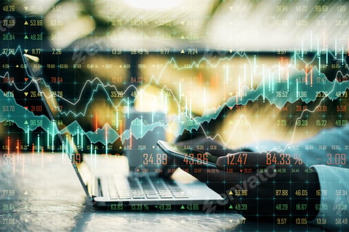 Preview: Side View Of Hands Using Laptop And Smartphone With Forex Chart On Blurry Background. Analytics And