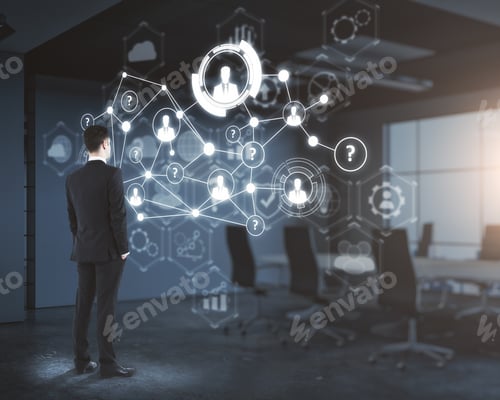 Preview: Side View Of Young Businessman Looking At Digital Business Interface In Blurry Office Interior