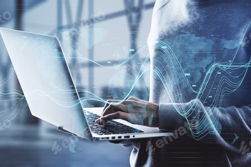 Preview: Close Up Of Hacker Using Laptop In Blurry Office Interior With Creative Glowing Business Chart And