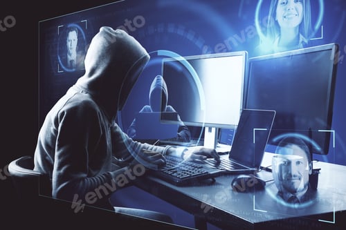 Preview: Hacker With Abstract Glowing Digital Interface On Dark Background. Ai And Malware Concept. Double