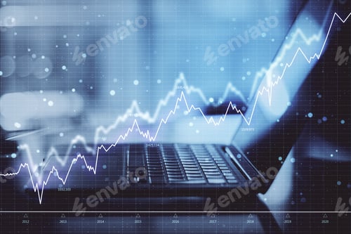 Preview: Close Up Of Laptop With Forex Chart. Network And Trade Concept. Double Exposure
