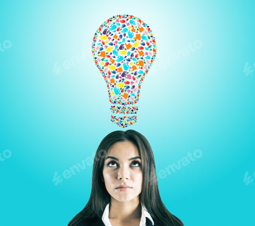 Preview: Portrait Of Attractive Young European Businesswoman With Creative Hand Gesture Lightbulb On Blue