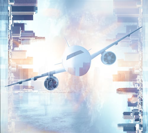 Preview: Front View Of Airplane On Abstract City Background. Double Exposure
