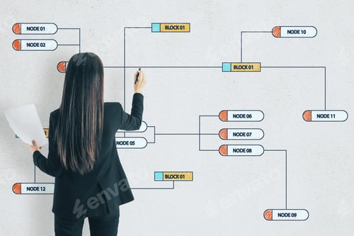 Preview: Attractive European Businesswoman Drawing Abstract Node Pattern On White Wall Background