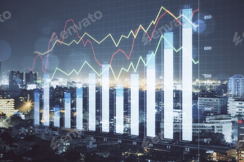 Preview: Growing Stock Data With Business Statistics On Night City Background. Trade And Investment Concept