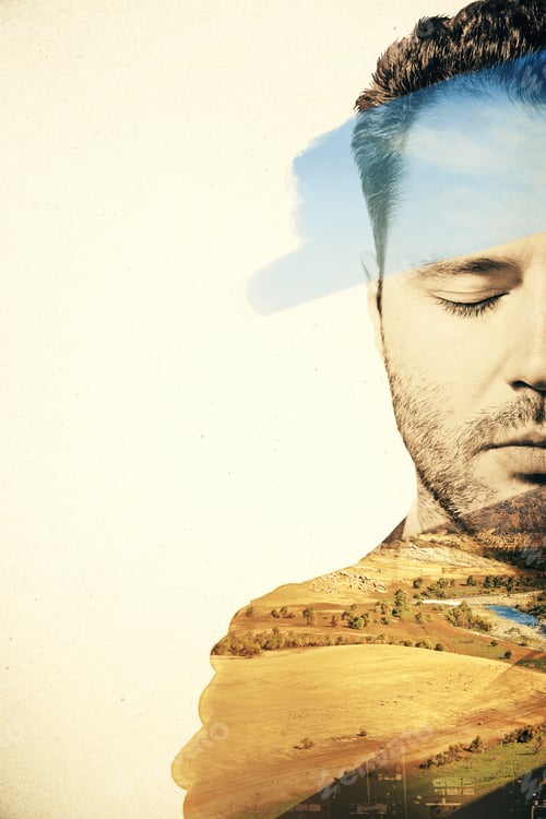Preview: Portrait Of Calm Young Man On Landscape Background. Double Exposure