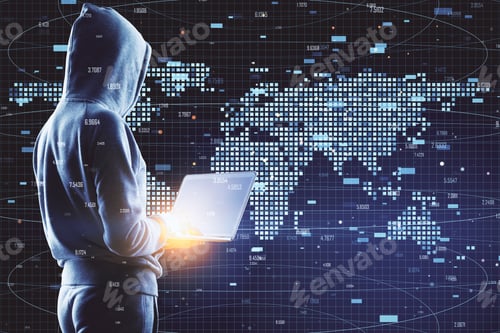 Preview: Side View Of Hacker In Hoodie Using Laptop With Forex Chart And Map Interface. Global Trade And