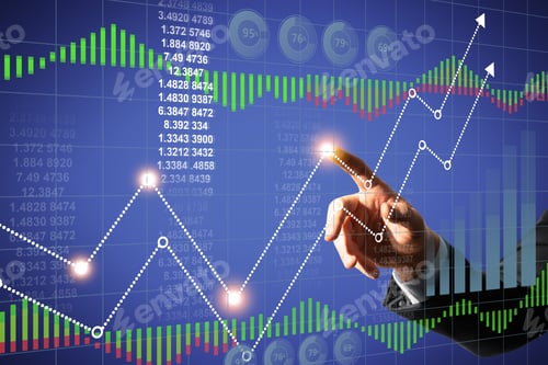 Preview: Close Up Of Businessman Hand Pointing At Abstract Glowing Business Chart Hologram. Finance, Trade