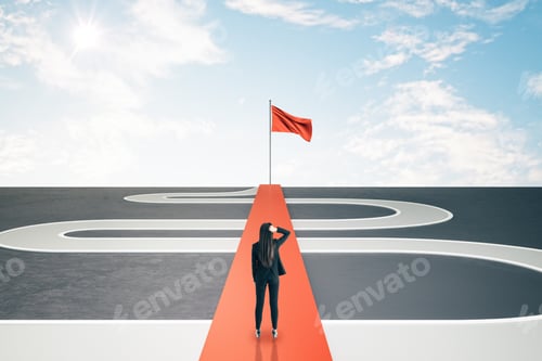 Preview: Back View Of Thoughtful Young Businesswoman With Road And Goal Ahead On Blue Sky Background