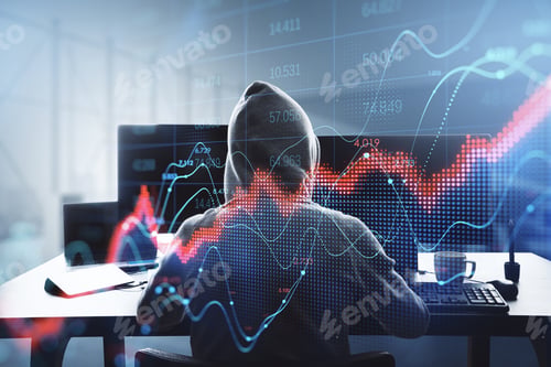 Preview: Back View Of Hacker In Hoodie Using Computers At Desktop With Abstract Red Forex Chart Index On