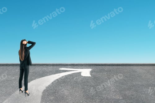 Preview: Back View Of Young Businesswoman Standing On Road With Arrow. Sky Background. Growth And Direction