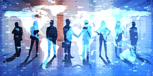 Preview: Abstract Crowd Silhouette On City Background With Glowing World Map. Success And Teamwork Concept.