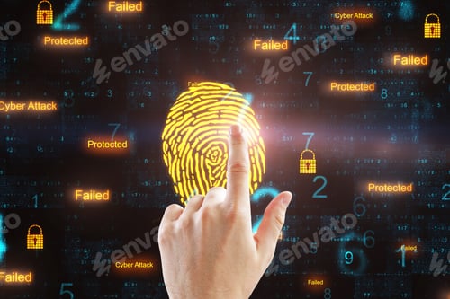 Preview: Hand Pushing Creative Digital Button With Fingerprint. Access And Technology Concept. Close Up