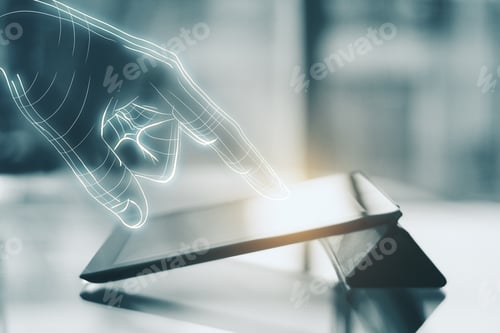 Preview: Close Up Of Digital Hand Using Glowing Tablet On Blurry Toned Background. Technology, Ai And Future
