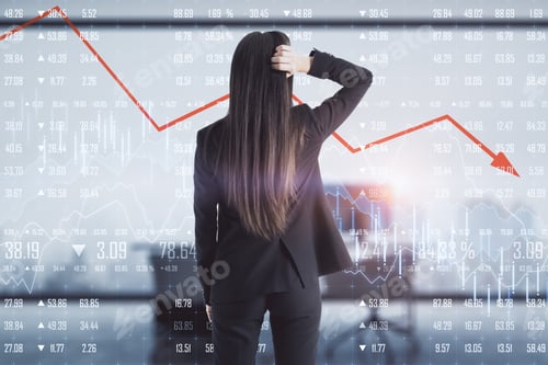 Preview: Back View Of Young Businesswoman On Blurry Office Interior Background With Economic Decline