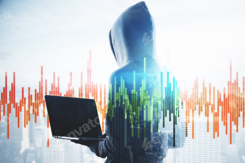 Preview: Side View Of Hacker With Laptop Computer On City Background With Copy Space. Hacking And Finance