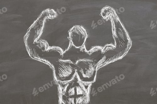 Preview: Storng Man Sketch On Chalkboard Background. Gym Concept