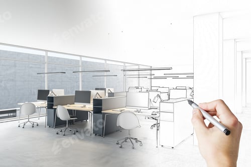 Preview: Hand Drawn Sketch Of Modern Coworking Office Interior With Empty Computer Monitors On Wooden Desks