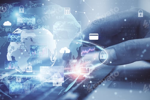 Preview: Businessman Hands Using Laptop With Business Computing Cloud Hologram. Finance And Trade Concept