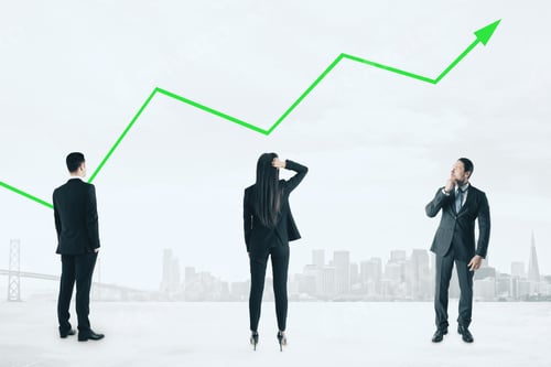 Preview: Businessmen On White City Background With Red Chart Arrow. Decline And Decrease Concept