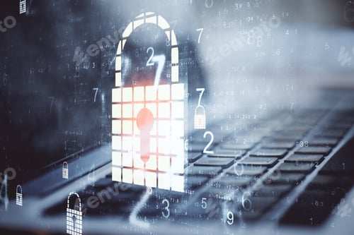 Preview: Laptop On Desktop With Creative Glowing Padlock Interface. Safety And Protection Concept.