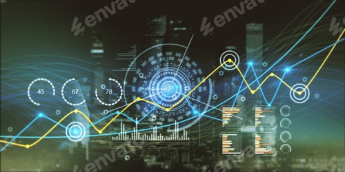 Preview: Abstract Glowing Business Graph On Blurry Night City Background. Innovation, Information And