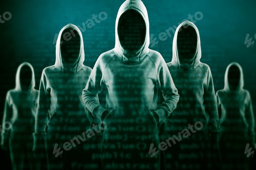 Preview: Creative Image Of A Group Of Hackers In Hoodies Standing On Abstract Dark Coding Backdrop. Malware