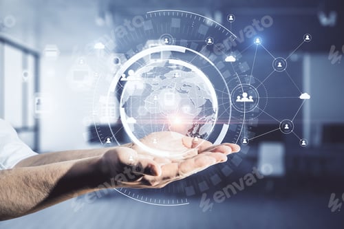 Preview: Hand Holding Networking Cloud Icons And Global Network Interface. Server And Technology Concept