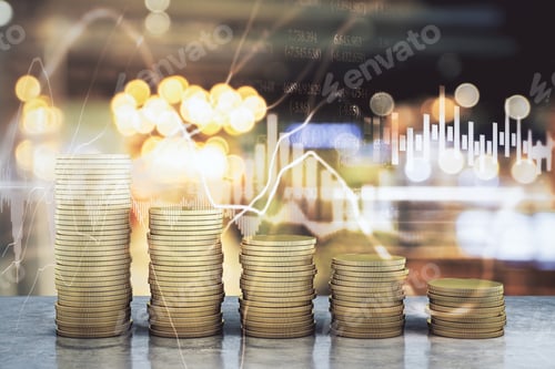 Preview: Golden Coin Piles With Falling Charts. Trade And Finance Depression Concept. 3D Rendering